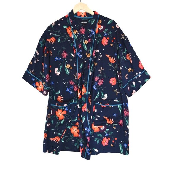 Room Service Drink Champagne Floral Robe Kimono XS Navy Lounge Wrap *No Belt* - Picture 1 of 8